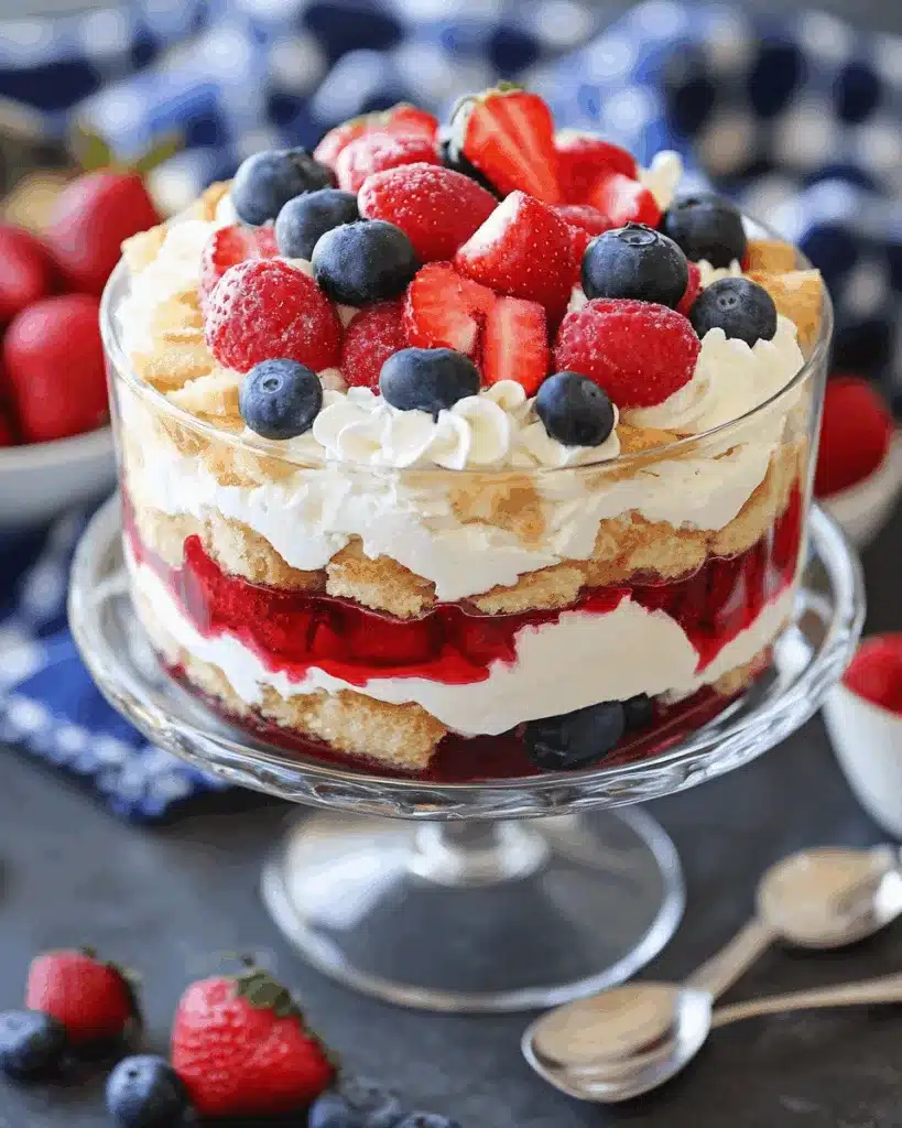 Patriotic 4th of July trifle in a glass bowl layered with whipped cream, blueberries, raspberries, strawberries, and graham cracker crumbs.