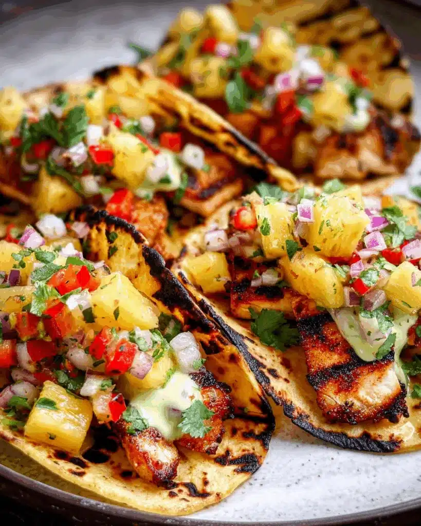 Chili lime chicken tacos with grilled tortillas, topped with pineapple salsa, red onion, cilantro, and a drizzle of creamy dressing.