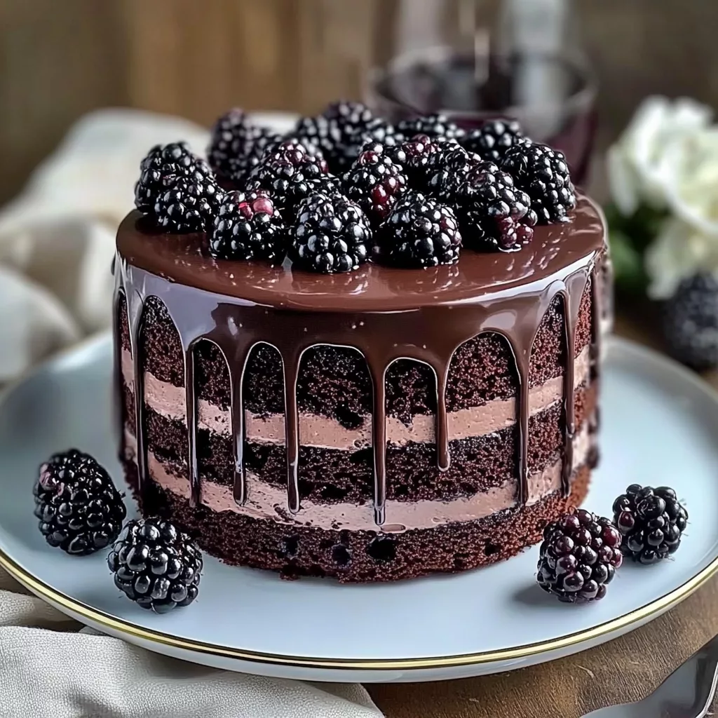 Decadent Chocolate Blackberry Layer Cake Recipe to Impress Your Guests 2 Chocolate blackberry layer cake with ganache dripping down the sides, filled with chocolate cream and topped with fresh blackberries.