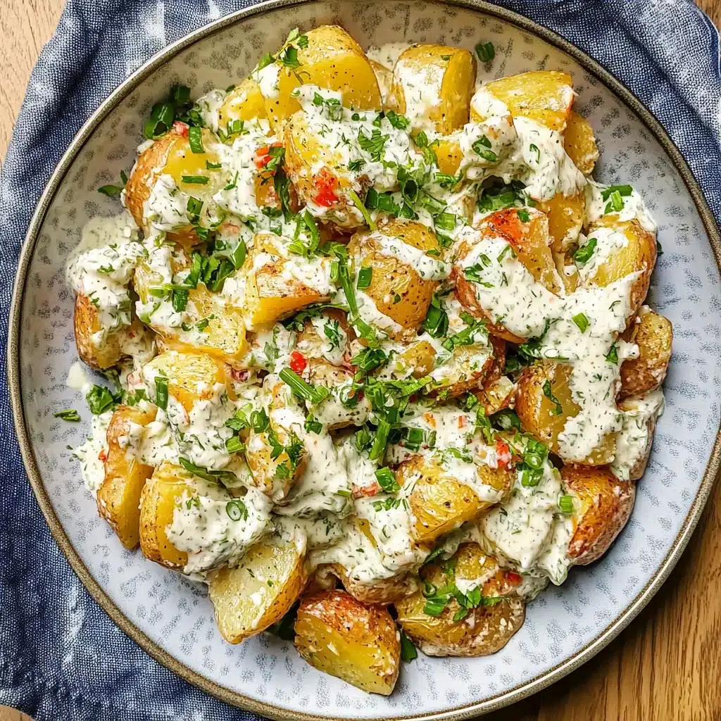 Golden crispy roasted potatoes tossed in a creamy herb dressing and garnished with fresh chopped chives, served in a ceramic bowl.