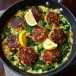 Lemony Chicken Ricotta Meatballs Over Garlic Spinach Orzo