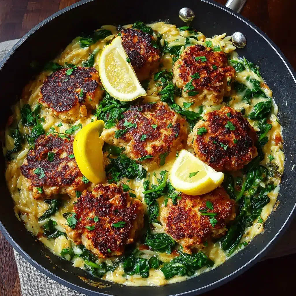 Zesty Lemony Chicken Ricotta Meatballs over Garlic Spinach Orzo