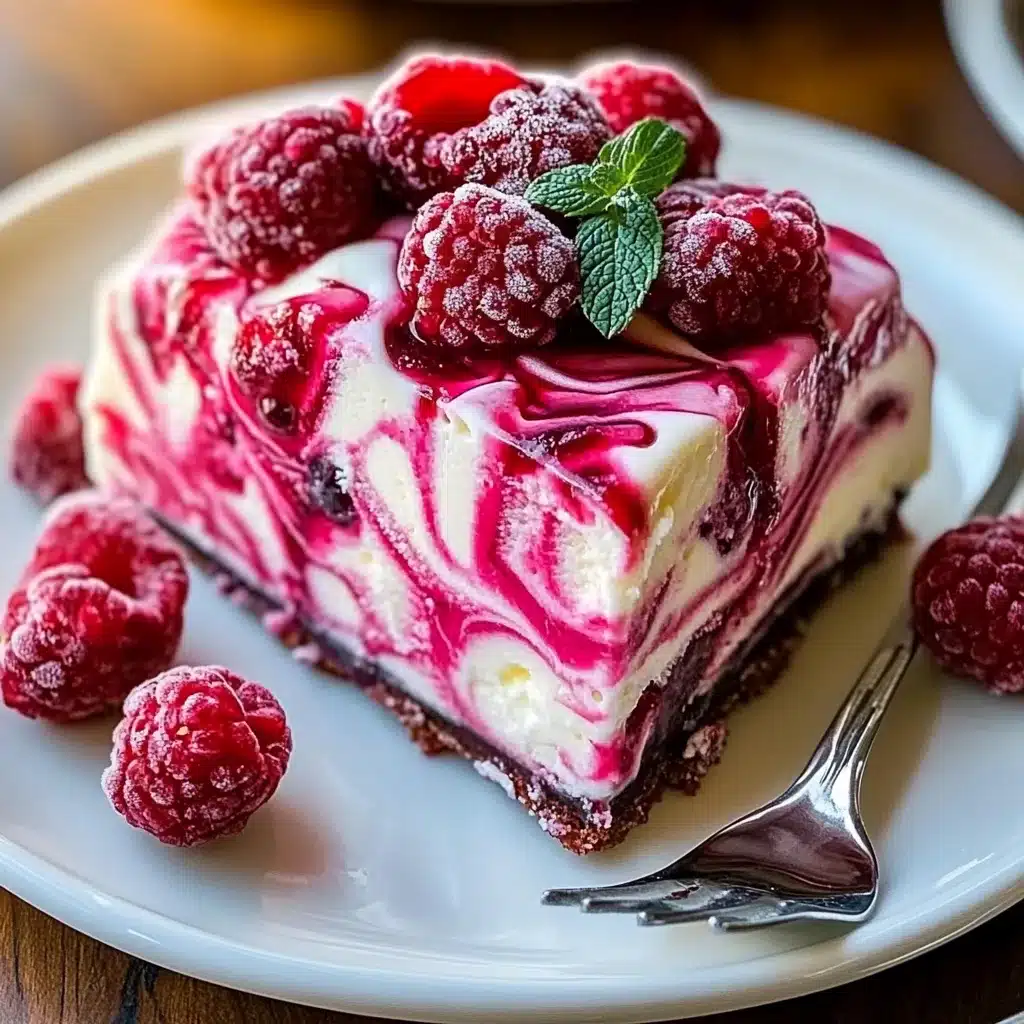 A delicious slice of raspberry swirl ice cream cake topped with fresh raspberries and mint leaves, served on a white plate with a fork.