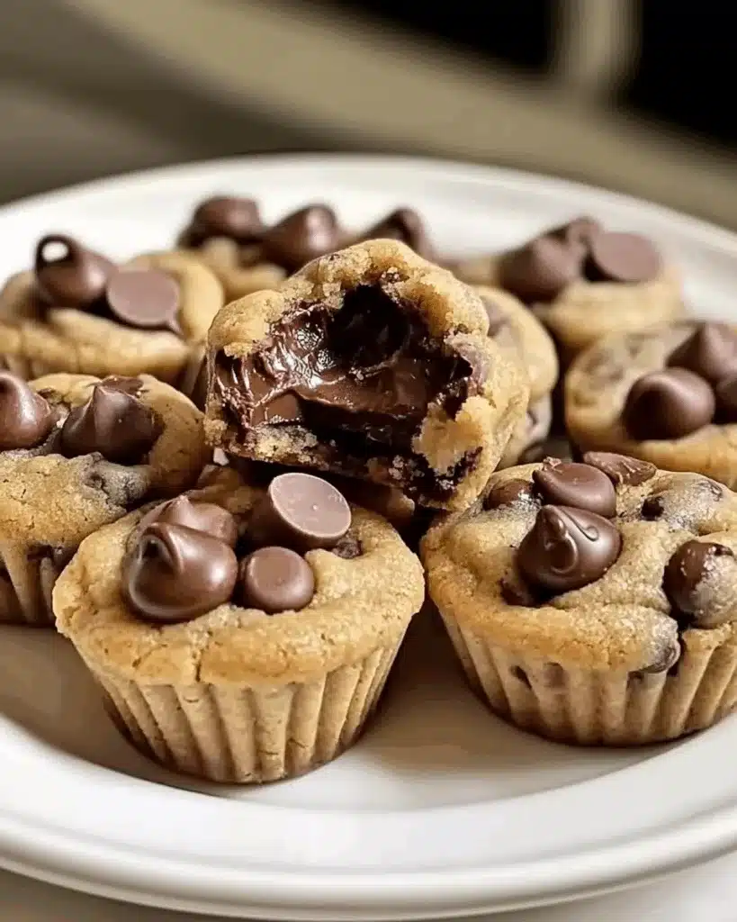 Freshly baked Reese’s peanut butter chocolate chip cookie bites with melted chocolate centers, topped with chocolate chips on a white plate.