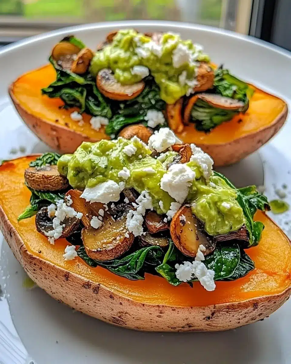 Sweet potato boats filled with sautéed spinach, mushrooms, crumbled feta cheese, and topped with creamy guacamole, served on a white plate.
