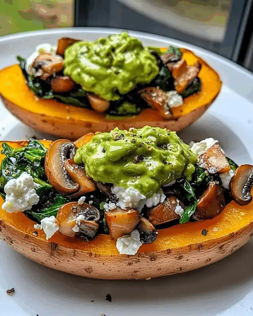 SWEET POTATO BOATS FILLED WITH SPINACH MUSHROOM FETA TOPPED WITH CREAMY AVOCADO DRESSING