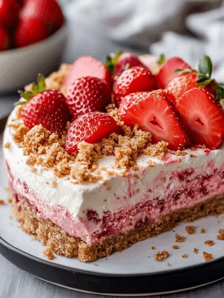 Close-up of a berrylicious strawberry crunch cheesecake with vibrant strawberry filling, cream layers, and buttery graham cracker crust.