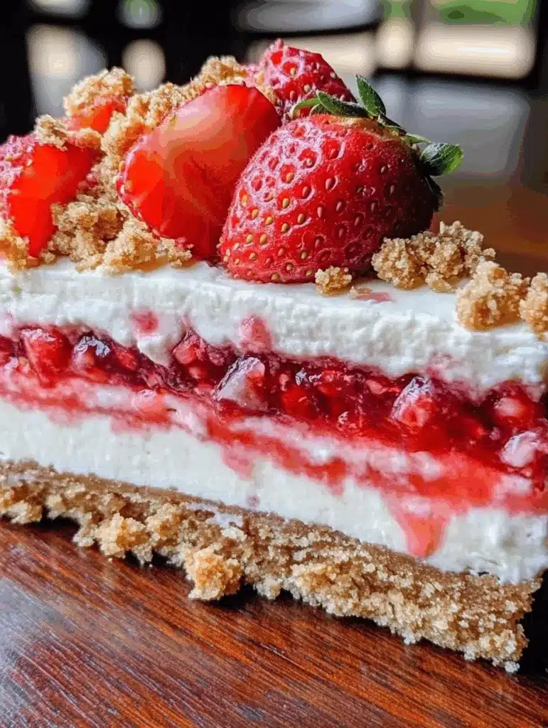 Berrylicious strawberry crunch cheesecake topped with halved strawberries and crumb topping over creamy whipped layers and a graham cracker crust.