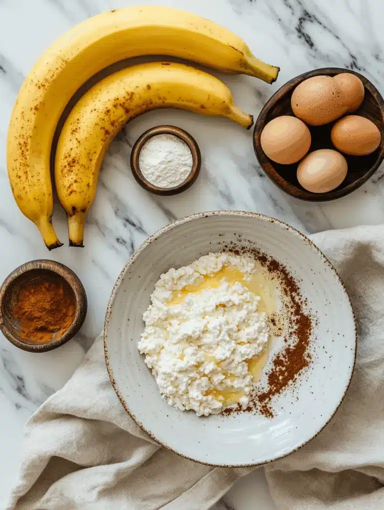 ingredients for cottage cheese banana bread on marble
