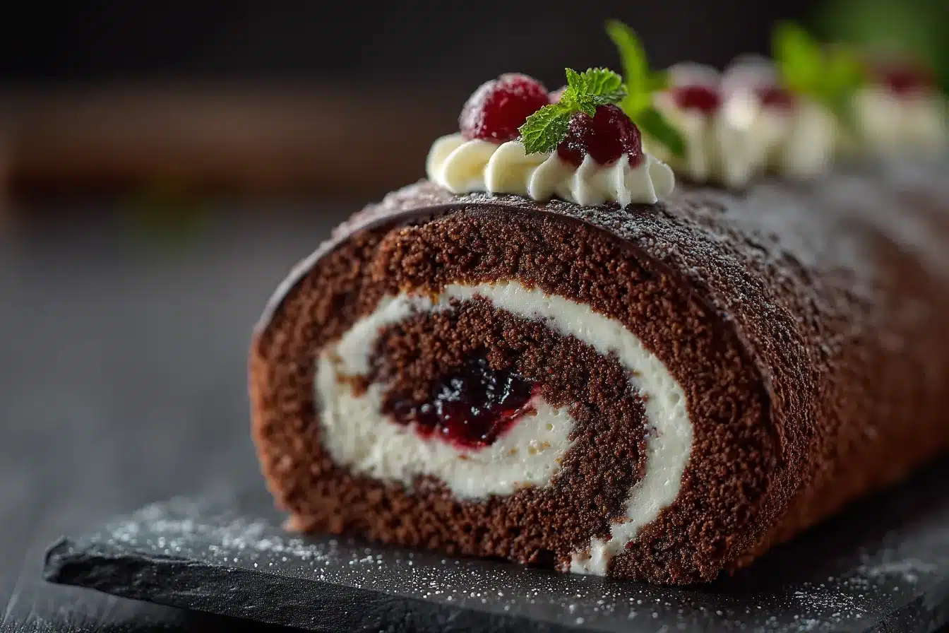 Indulge in Elegant Black Forest Cake Roll Decadent Delight