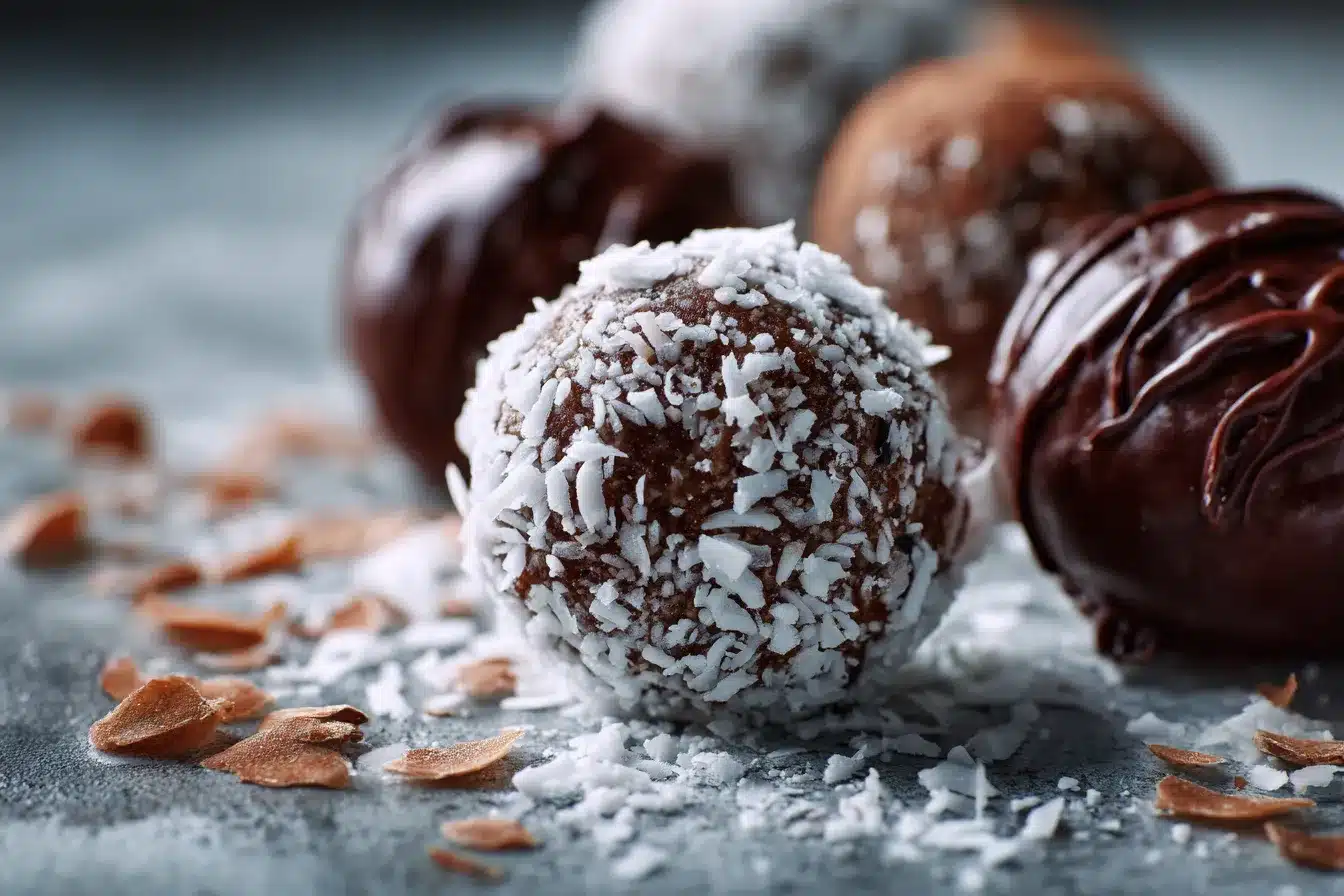 Irresistible Chocolate Coconut Bliss Balls w Creamy Chocolate