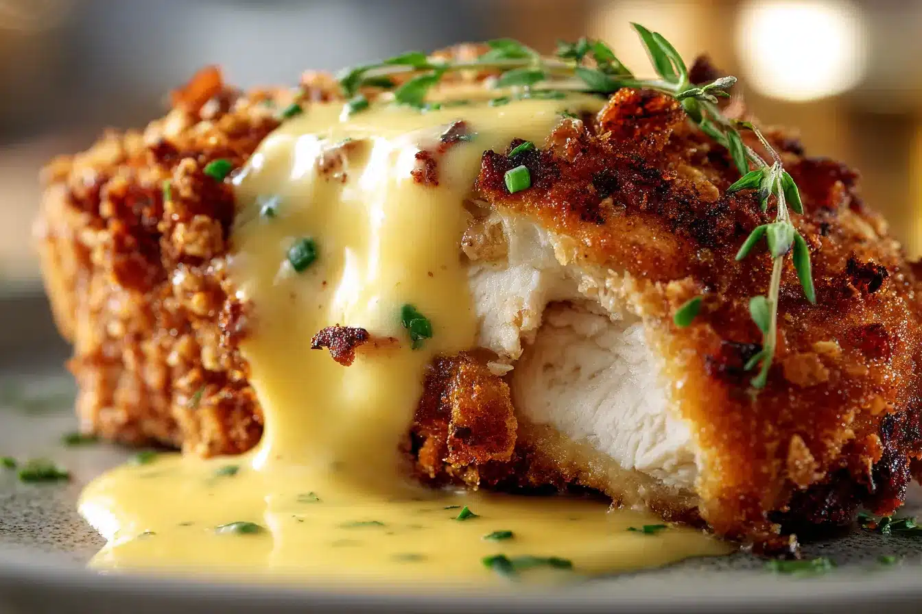 Crispy PretzelCrusted Chicken Creamy Cheddar Sauce Delight