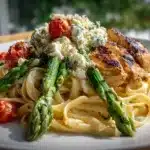 Greek Chili Chicken Alfredo with Smoked Feta Cream & Parmesan Asparagus