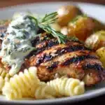 Grilled Chicken with Creamy Herb Pasta & Roasted Garlic Potatoes