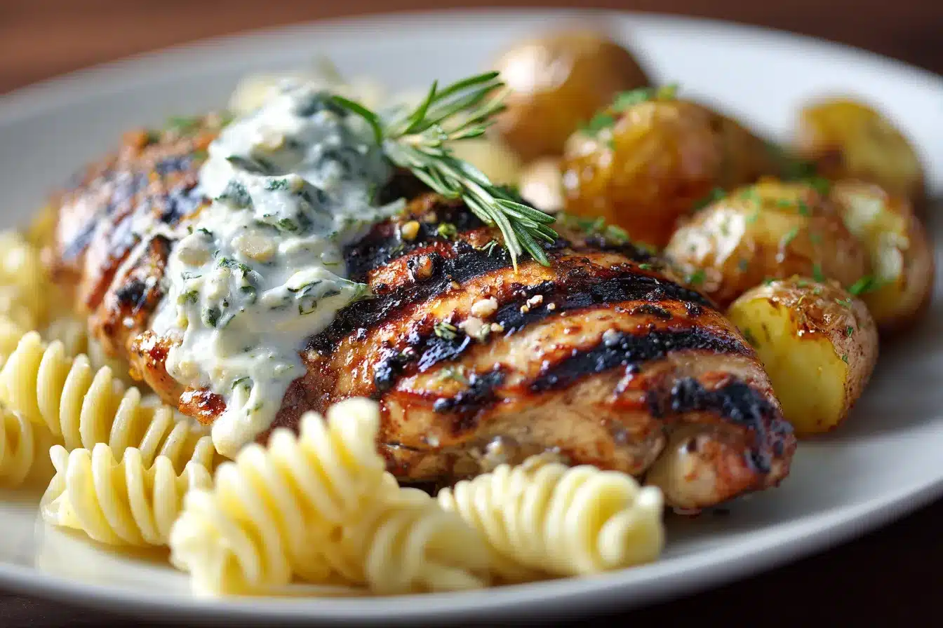 Savor Grilled Chicken with Creamy Herb Pasta Roasted Potatoes