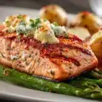 Grilled Salmon with Garlic Potatoes & Cheesy Asparagus