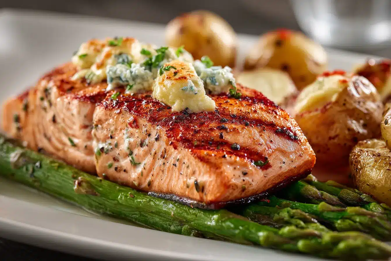 Sizzling Grilled Salmon with Garlic Potatoes Cheesy Asparagus