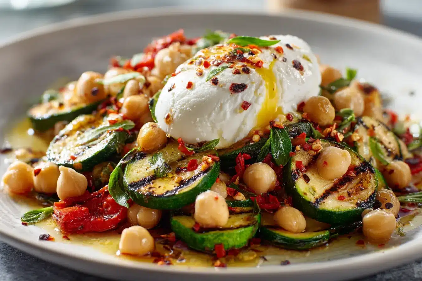 Vibrant Grilled Zucchini Chickpea Salad w Burrata Chili Oil