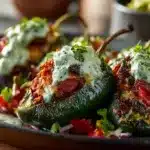 The BEST Stuffed Poblano Peppers with Avocado Crema